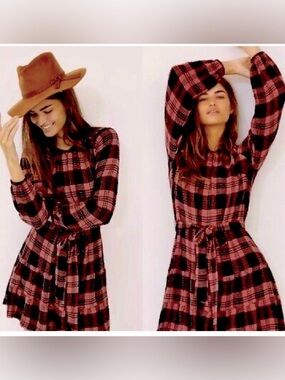 Cloth Stone | Anthropologie Plaid Long Sleeve Daia Mini Dress Loose
Self-belt L